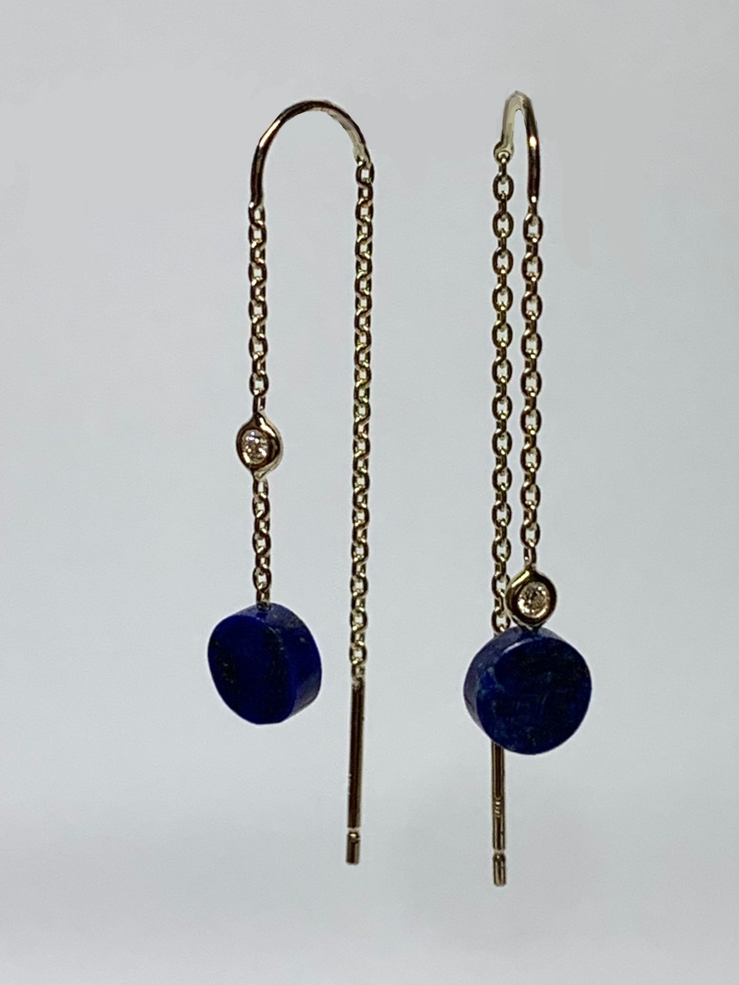 14k Solid Yellow Gold, Diamonds, Blue Lapis Lazuli Threader Earrings