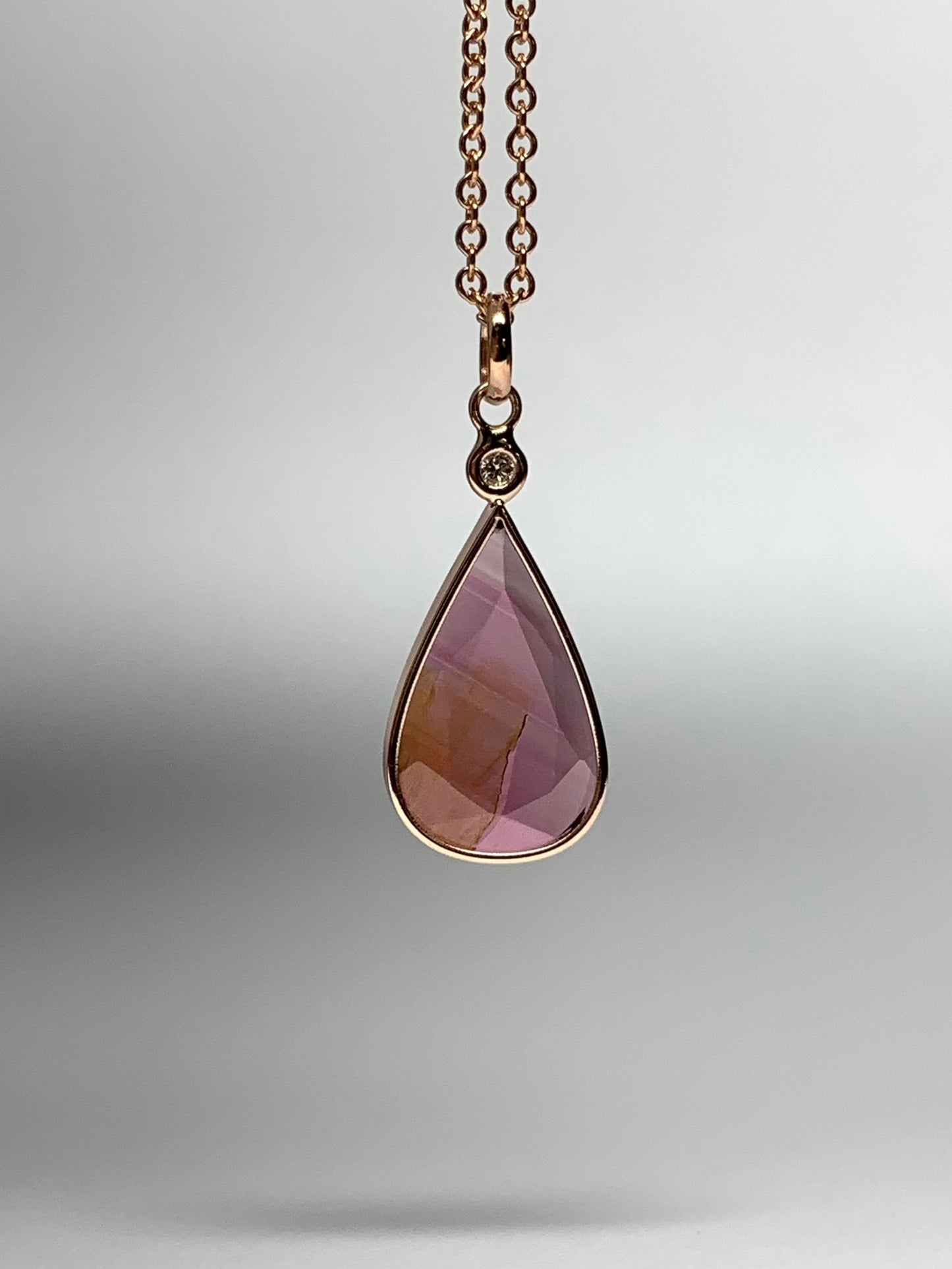 14K Solid Rose Gold, Diamond, Pink Tourmaline Pendant