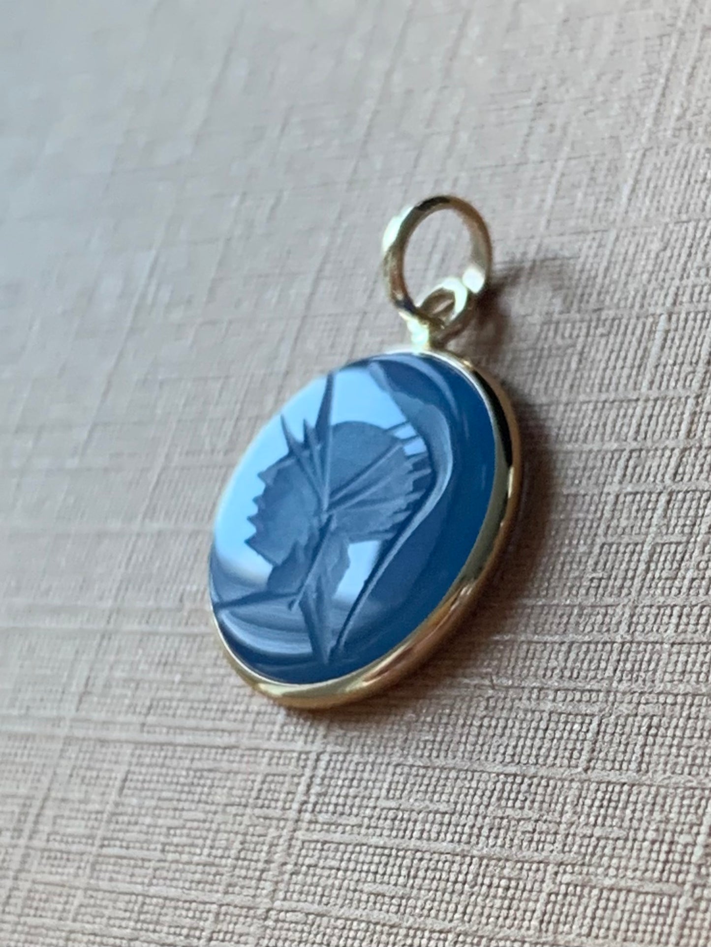 14K Solid Yellow Gold, Blue Onyx "Roman Soldier" Intaglio Pendant