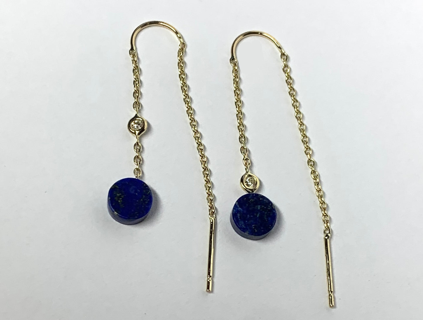 14k Solid Yellow Gold, Diamonds, Blue Lapis Lazuli Threader Earrings