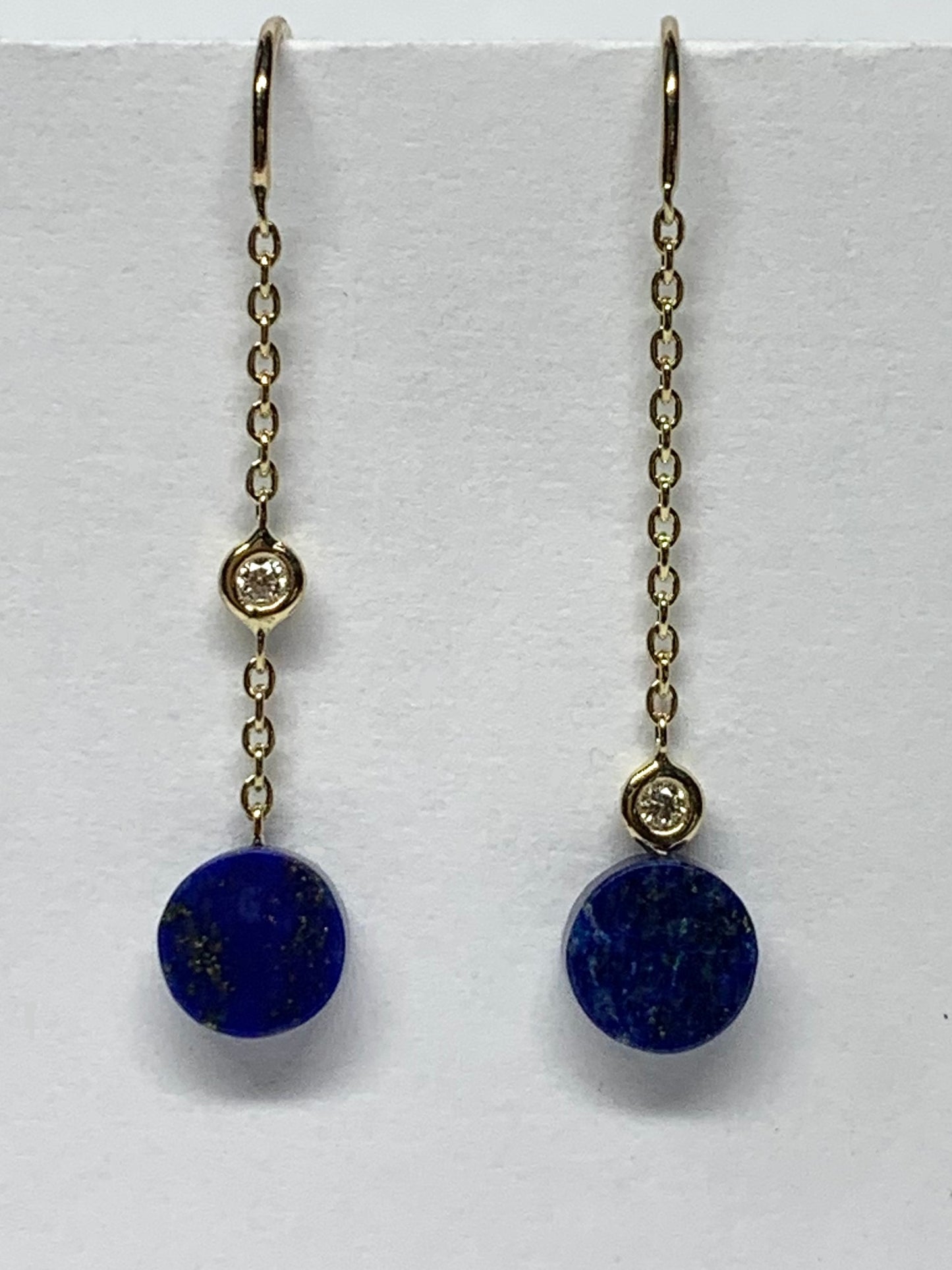 14k Solid Yellow Gold, Diamonds, Blue Lapis Lazuli Threader Earrings