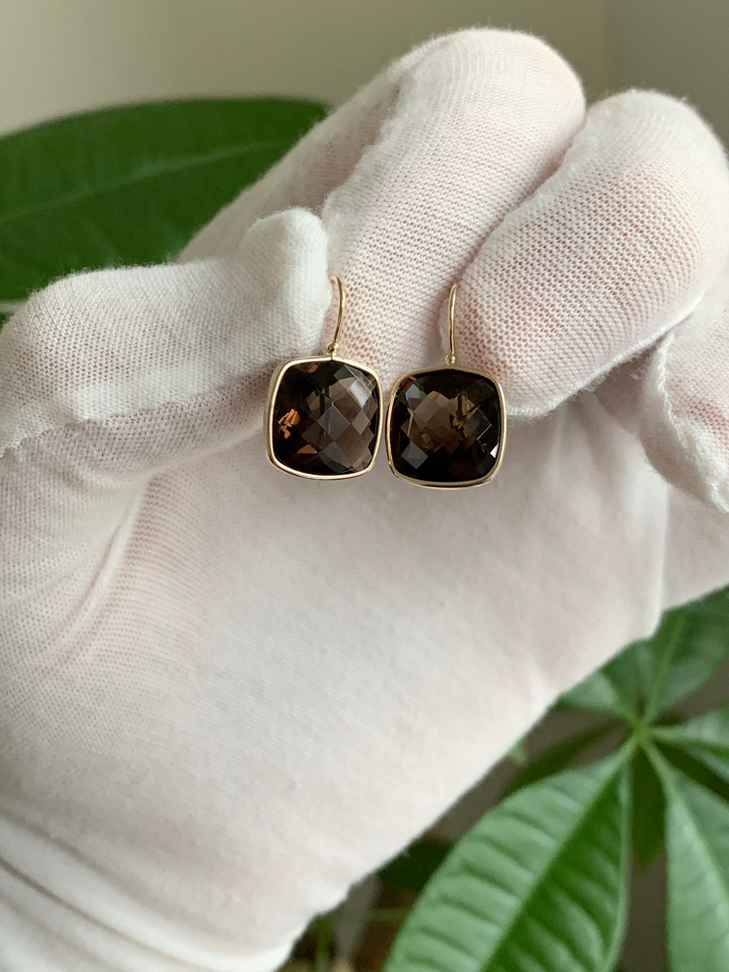 14k Solid Gold Smoky Quartz Earrings, Cushion Shaped, Checkerboard Cut, Fish Hook Ear Wires