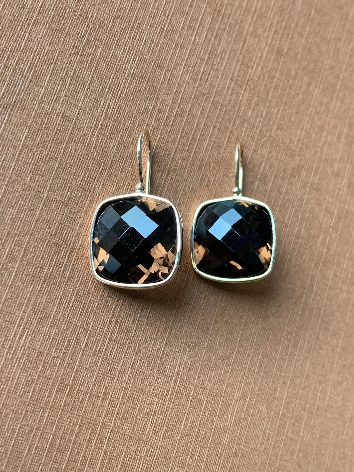 14k Solid Gold Smoky Quartz Earrings, Cushion Shaped, Checkerboard Cut, Fish Hook Ear Wires