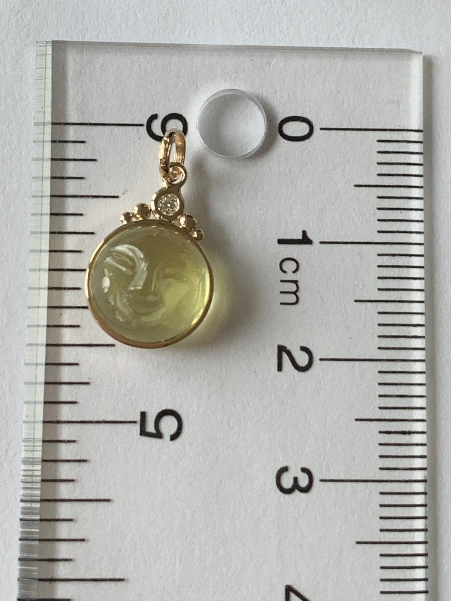 “Tiara Moon”, 14k Solid Yellow Gold, Olive Lemon Quartz, White Diamond Pendant, Mini Size