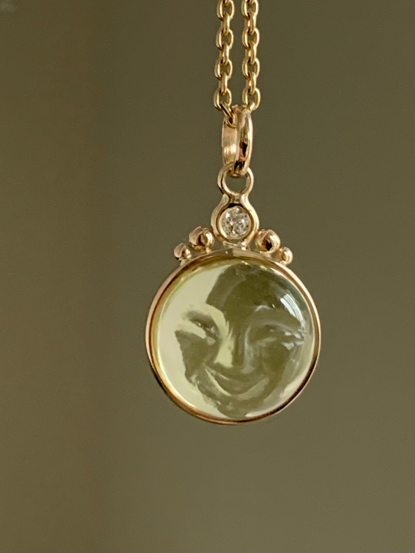 “Tiara Moon”, 14k Solid Yellow Gold, Olive Lemon Quartz, White Diamond Pendant, Mini Size