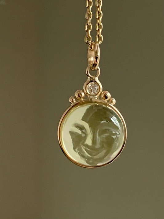 “Tiara Moon”, 14k Solid Yellow Gold, Olive Lemon Quartz, White Diamond Pendant, Mini Size