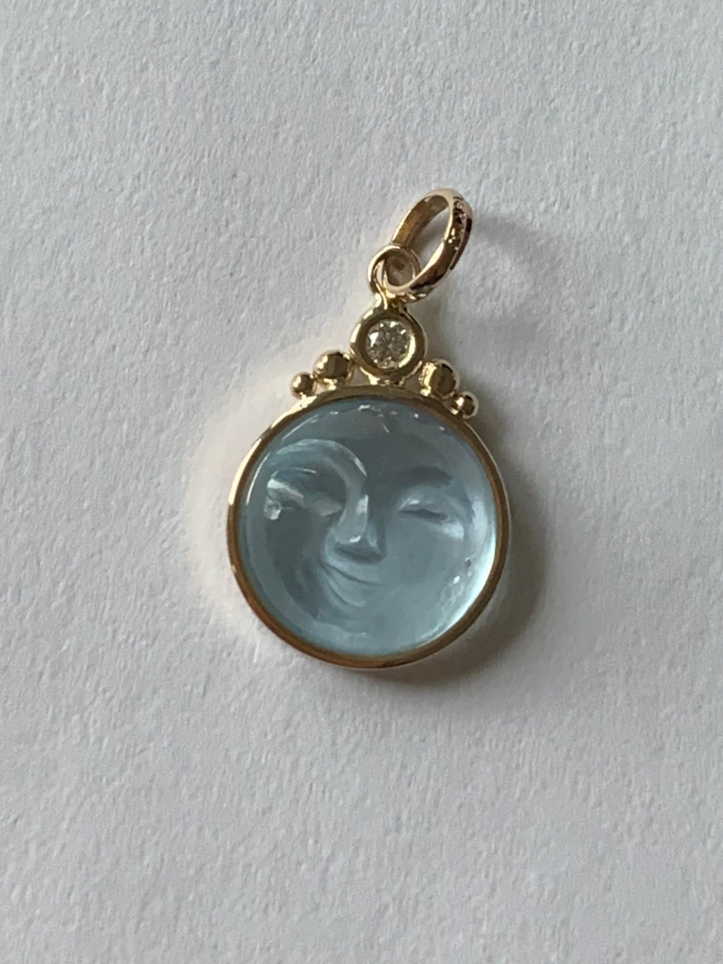 “Tiara Moon”, 14k Solid Yellow Gold, Blue Topaz, White Diamond Pendant, Mini Size