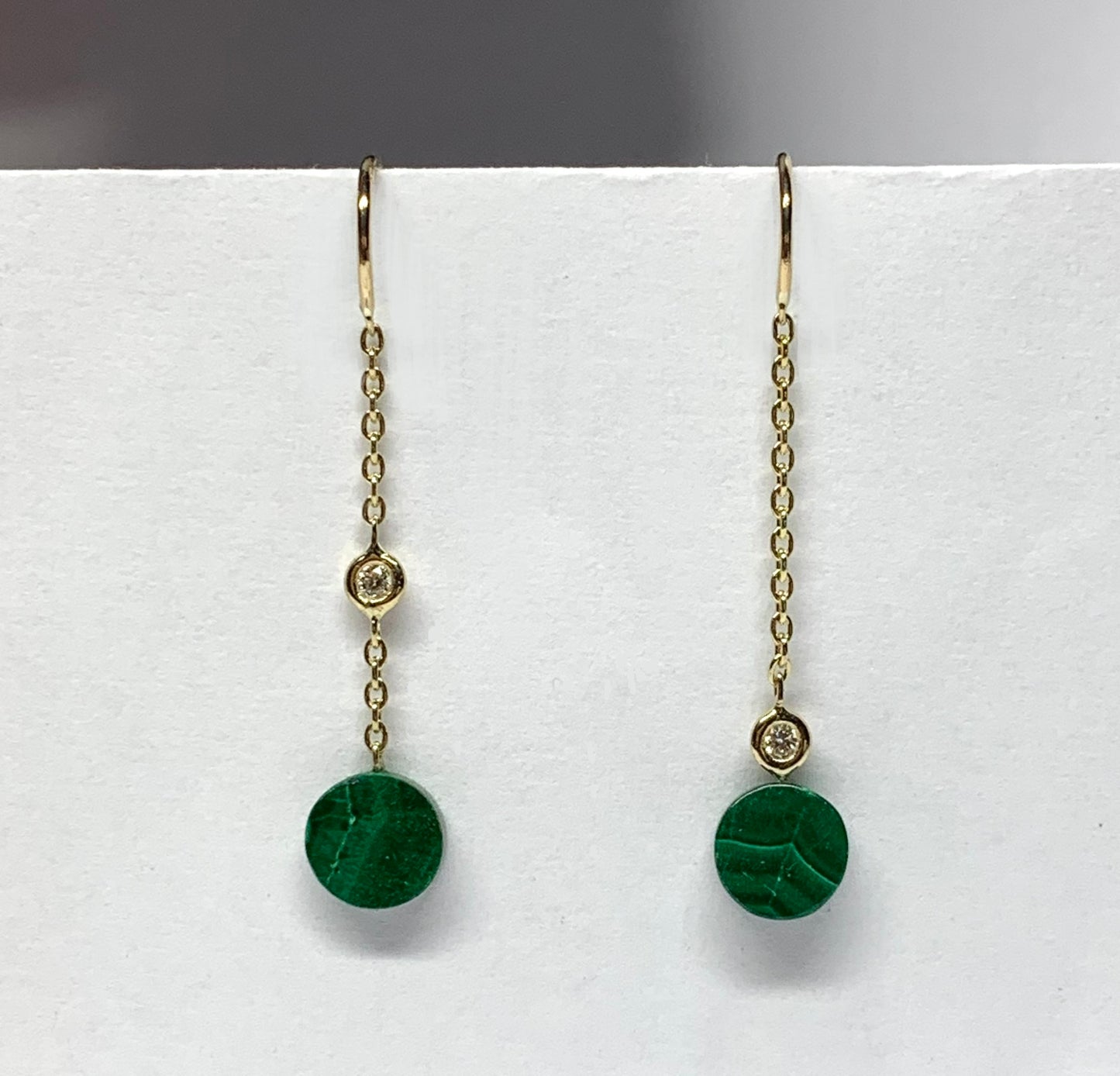 14k Solid Yellow Gold, Diamonds, Green Malachite Thread Earrings