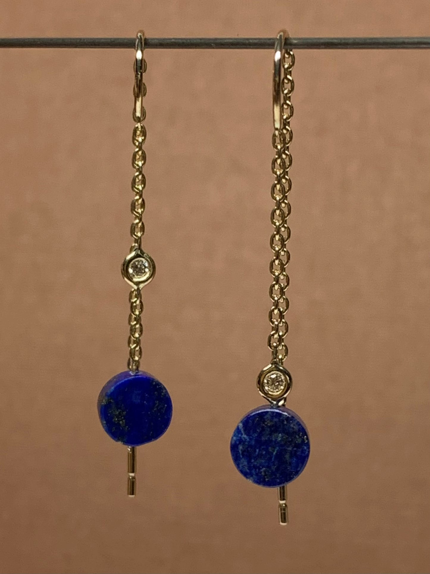 14k Solid Yellow Gold, Diamonds, Blue Lapis Lazuli Threader Earrings