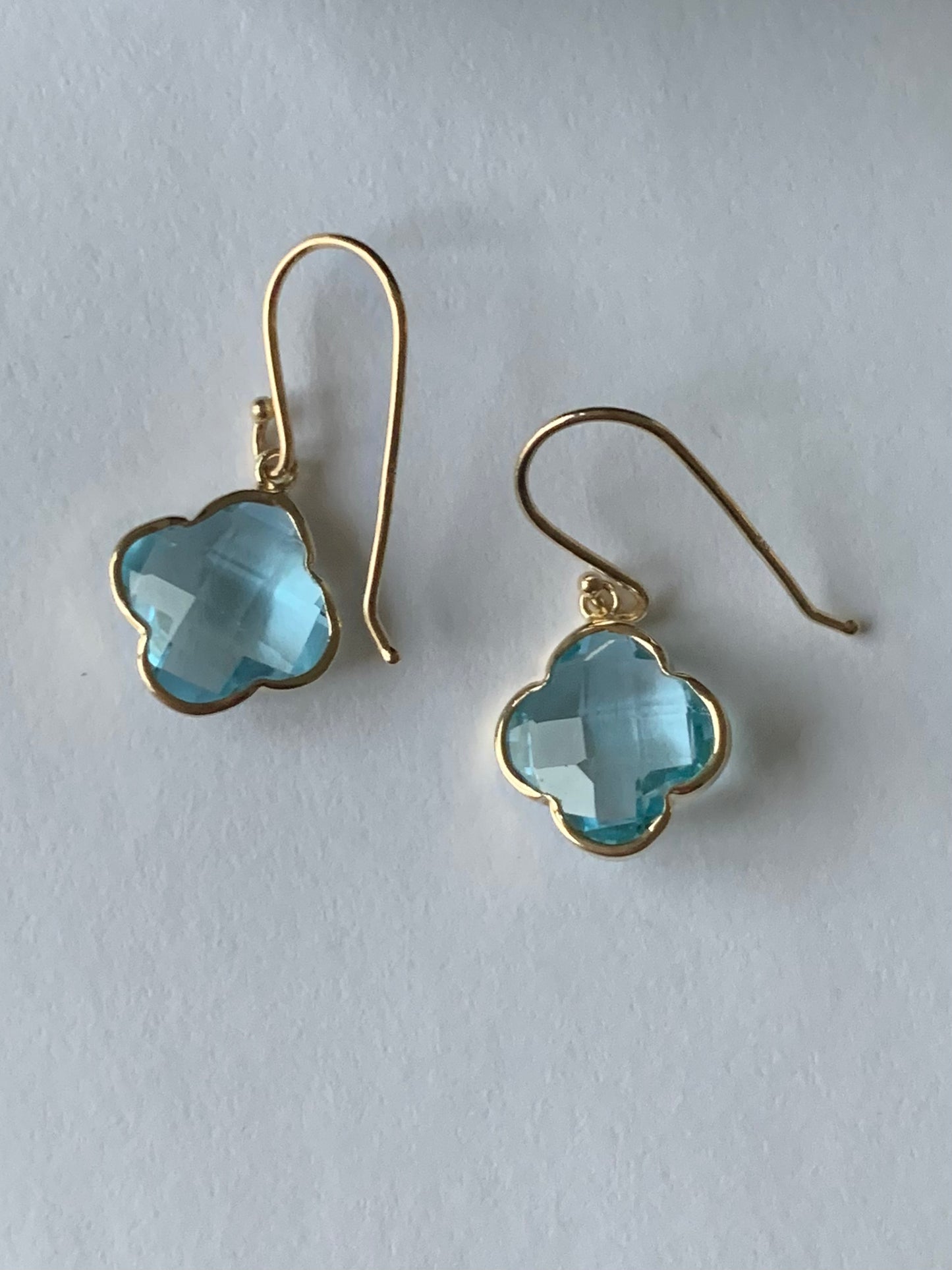 14k Solid Yellow Gold, Blue Topaz “Clover” Mini Earrings, Fish Hook Ear Wires