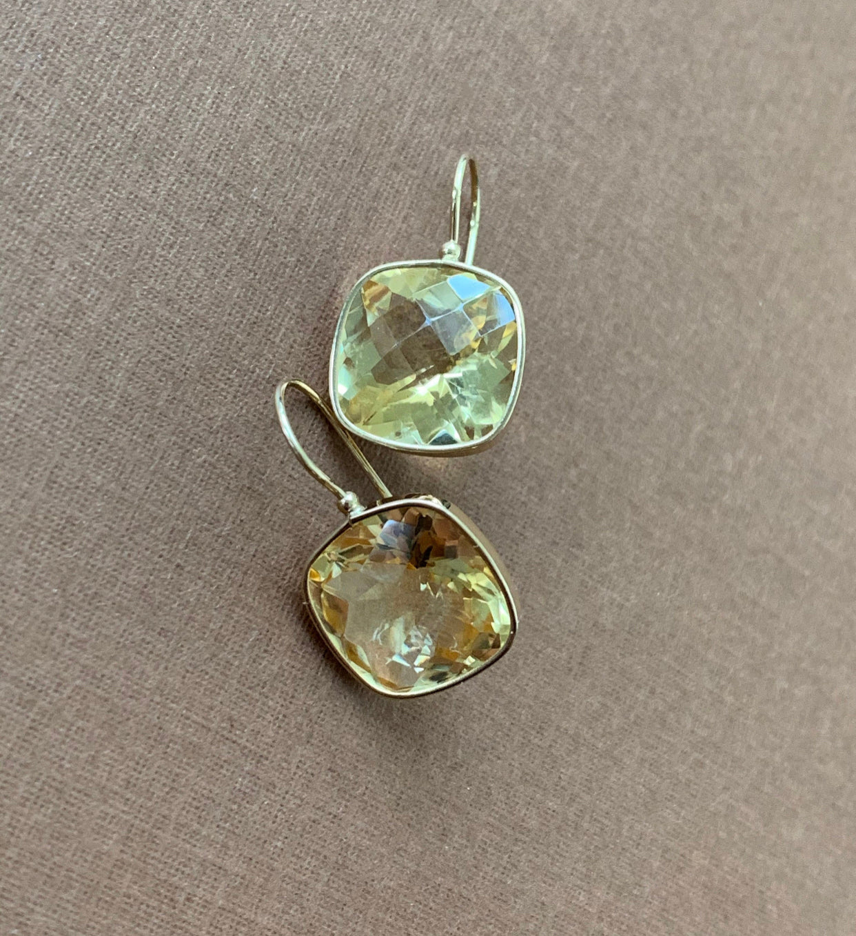 14k Solid Yellow Gold, Citrine Earrings, 12mm Cushion Shaped, Checkerboard Cut, Fish Hook Ear Wire