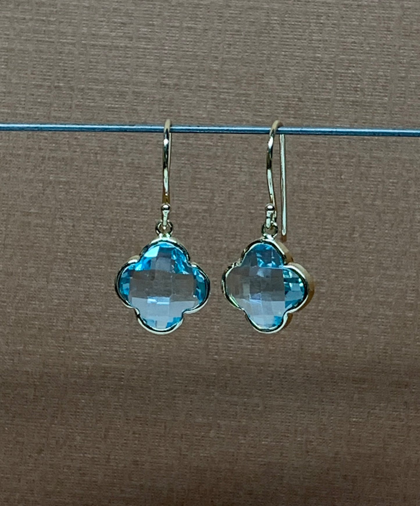 14k Solid Yellow Gold, Blue Topaz “Clover” Mini Earrings, Fish Hook Ear Wires