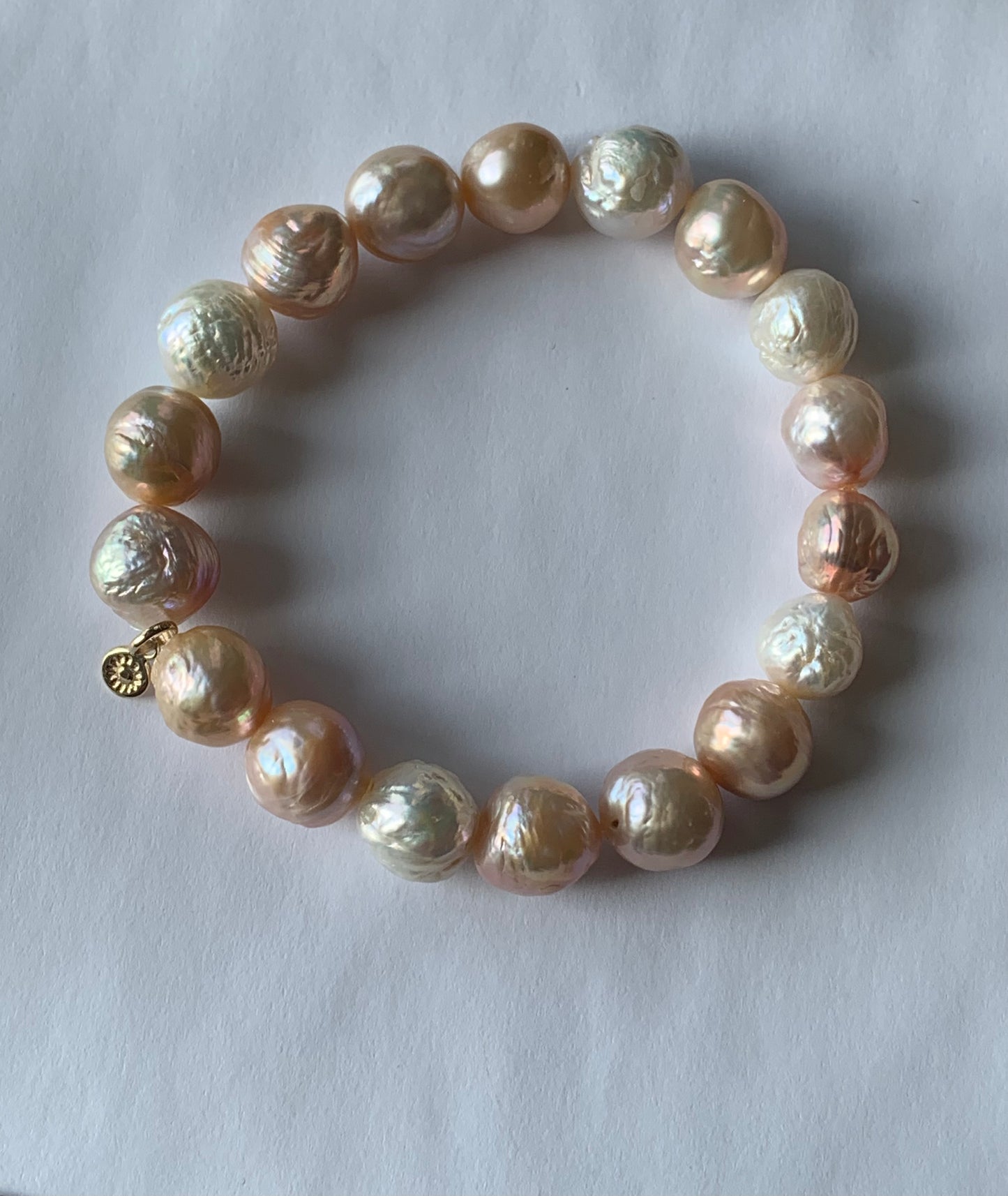 14k Solid Yellow Gold, Natural Freshwater Golden Baroque Pearls Bracelet, Stretch, "Sun" Charm