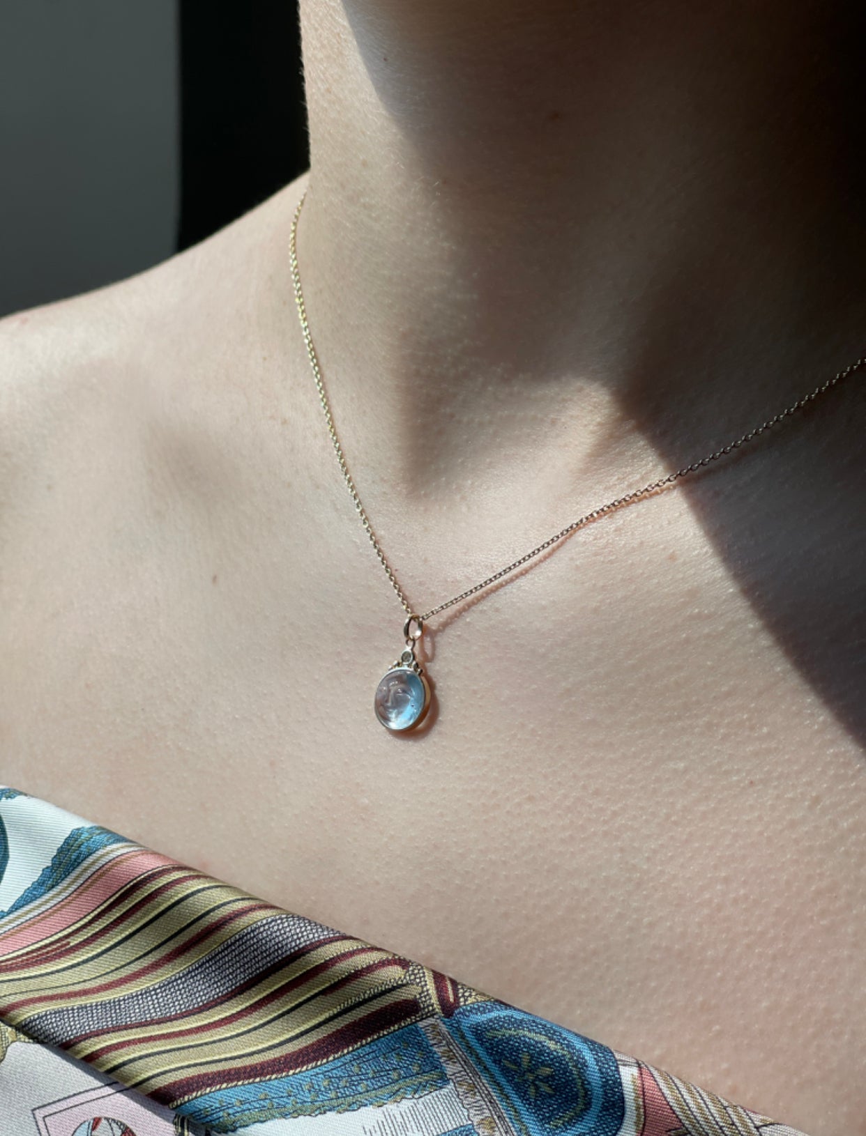 “Tiara Moon”, 14k Solid Yellow Gold, Blue Topaz, White Diamond Pendant, Mini Size