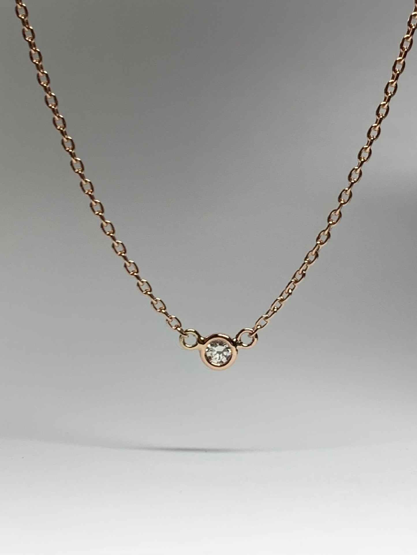 14k Solid Rose Gold, Natural Tiny Diamond Single Stone Solitaire Necklace, Pink Gold