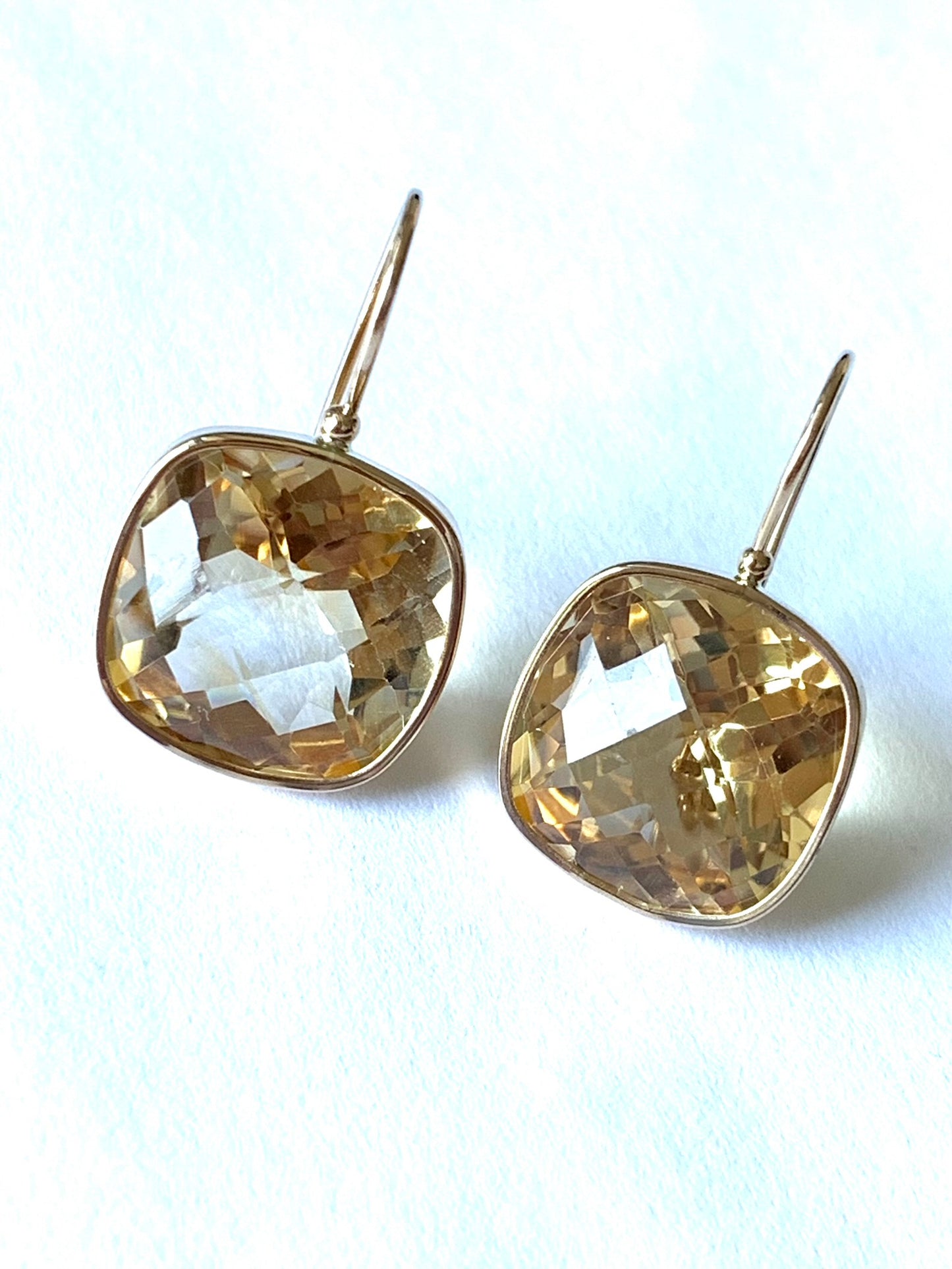 14k Solid Yellow Gold, Citrine Earrings, 12mm Cushion Shaped, Checkerboard Cut, Fish Hook Ear Wire