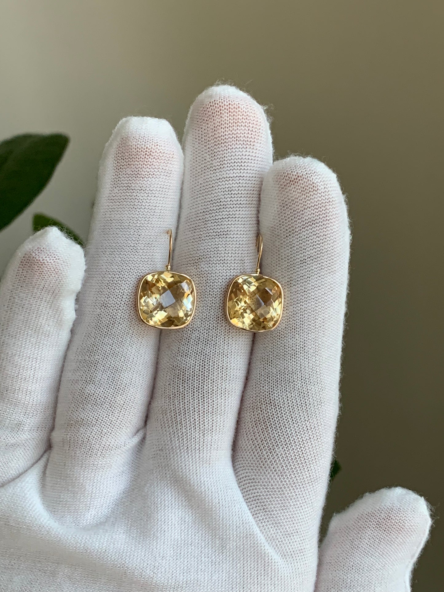 14k Solid Yellow Gold, Citrine Earrings, 12mm Cushion Shaped, Checkerboard Cut, Fish Hook Ear Wire