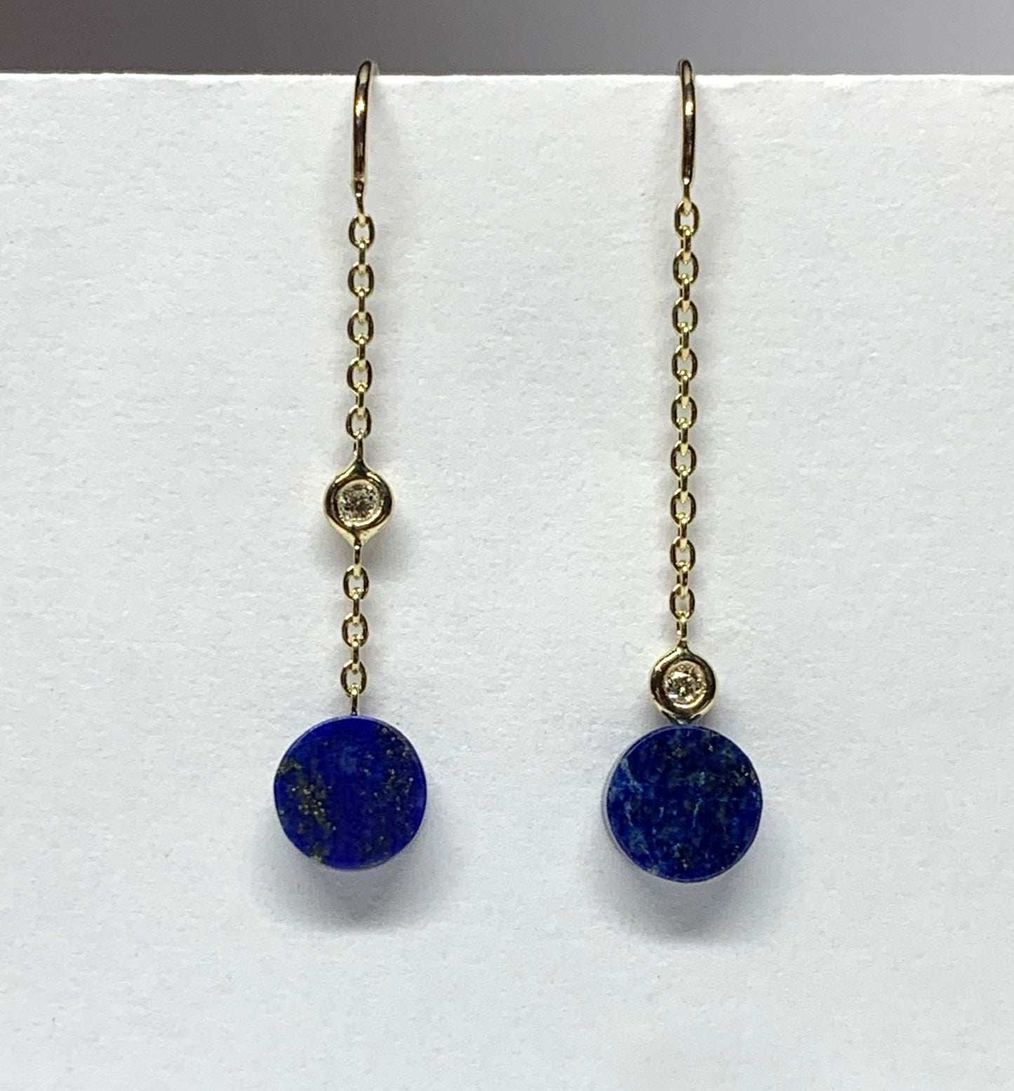 14k Solid Yellow Gold, Diamonds, Blue Lapis Lazuli Threader Earrings