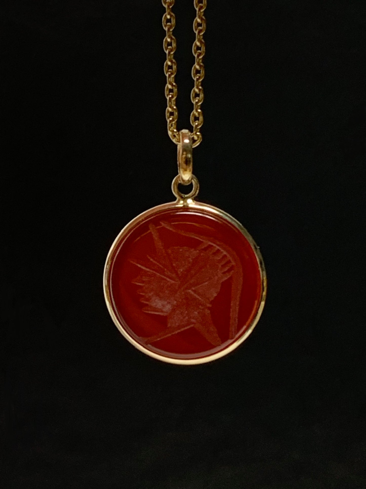 14K Solid Yellow Gold, Red Onyx "Roman Soldier" Intaglio Pendant, Red Carnelian