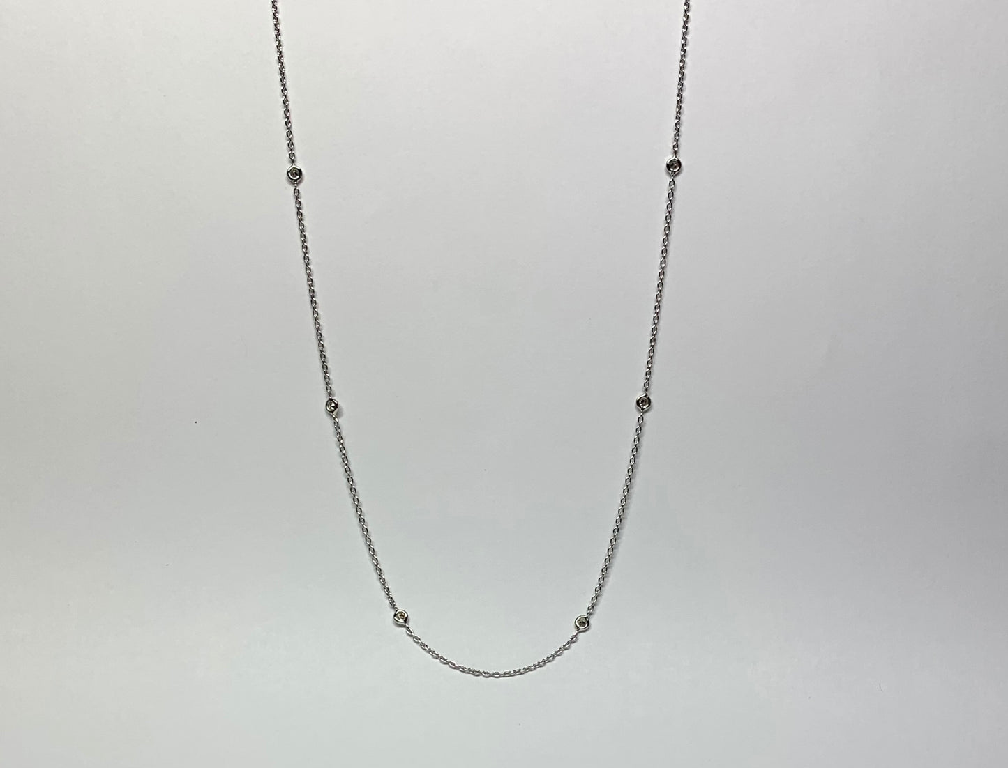 14k Solid White Gold, Natural Diamonds Station Necklace, 19”, Pendant Chain