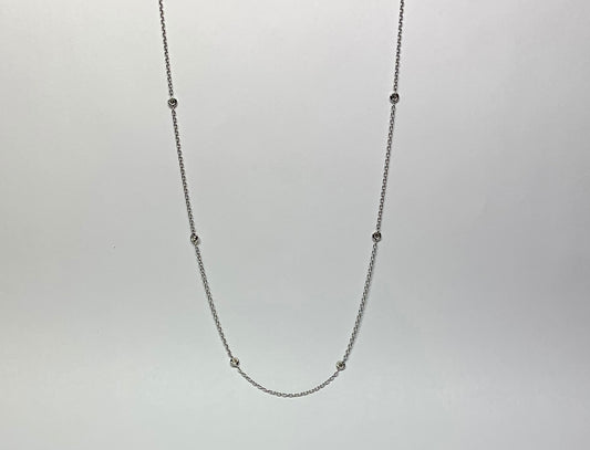 14k Solid White Gold, Natural Diamonds Station Necklace, 19”, Pendant Chain