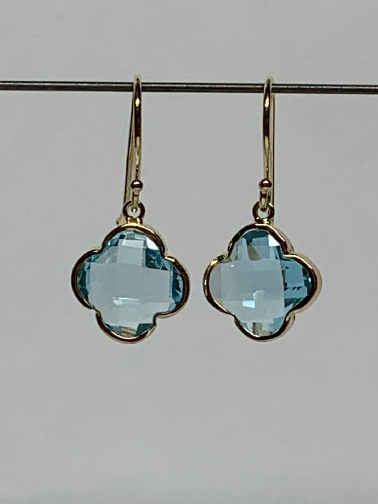 14k Solid Yellow Gold, Blue Topaz “Clover” Mini Earrings, Fish Hook Ear Wires