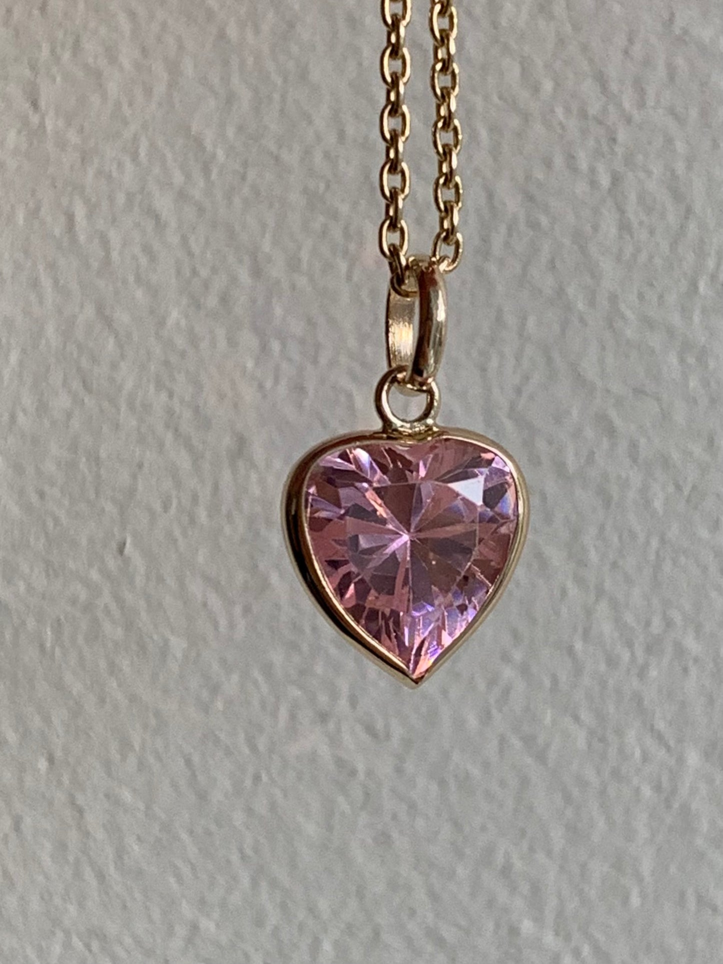 14k Solid Yellow Gold, Bright Pink Cubic Zirconia CZ “Heart” Mini Pendant Charm