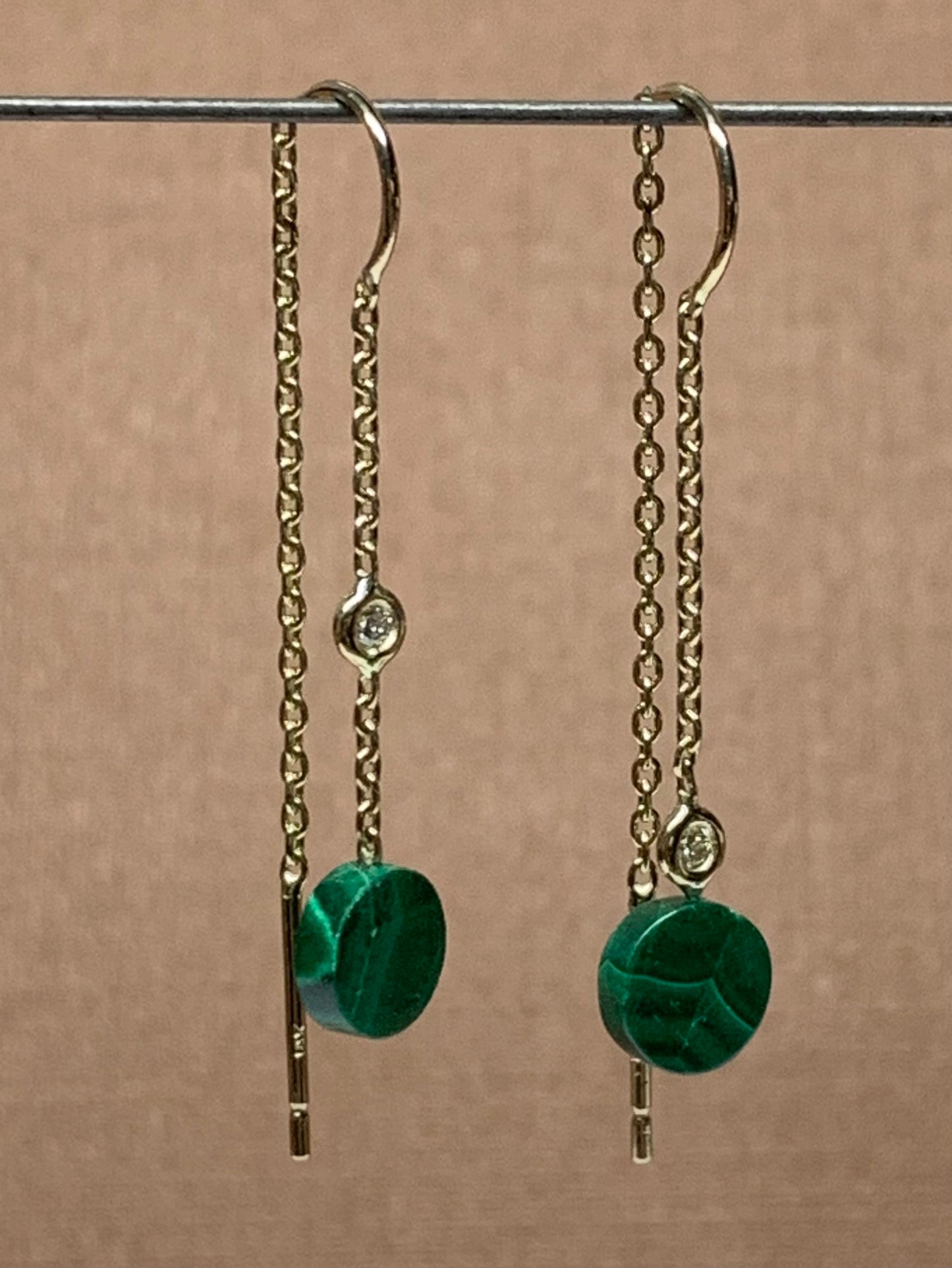 14k Solid Yellow Gold, Diamonds, Green Malachite Thread Earrings