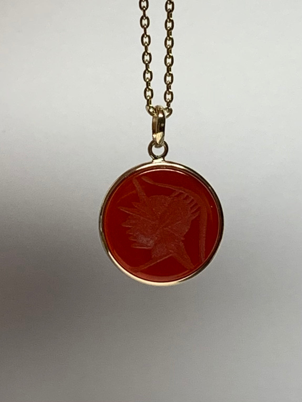 14K Solid Yellow Gold, Red Onyx "Roman Soldier" Intaglio Pendant, Red Carnelian