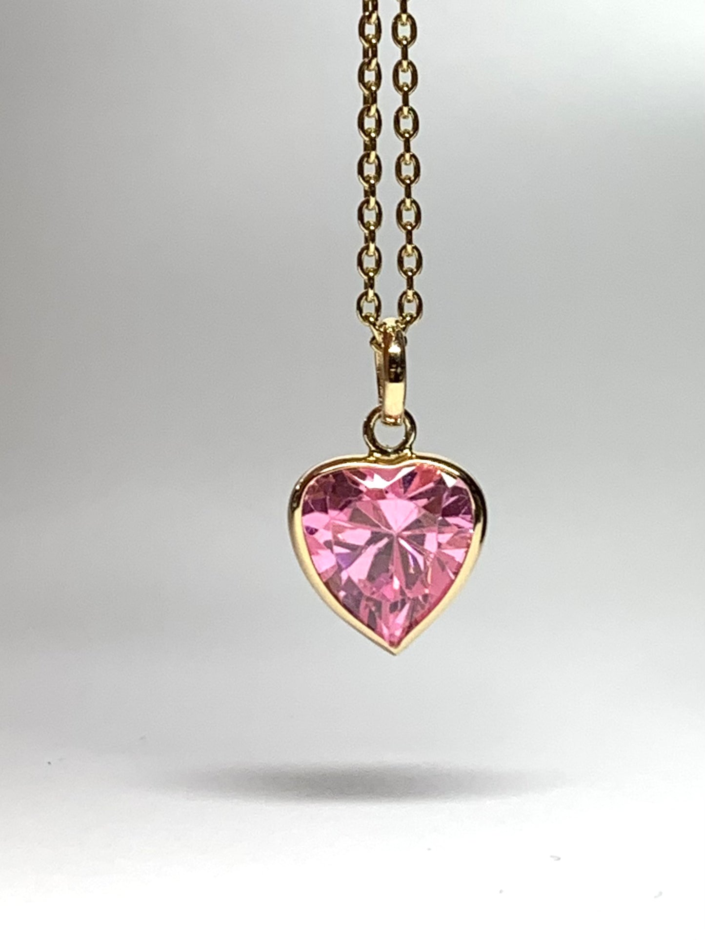 14k Solid Yellow Gold, Bright Pink Cubic Zirconia CZ “Heart” Mini Pendant Charm