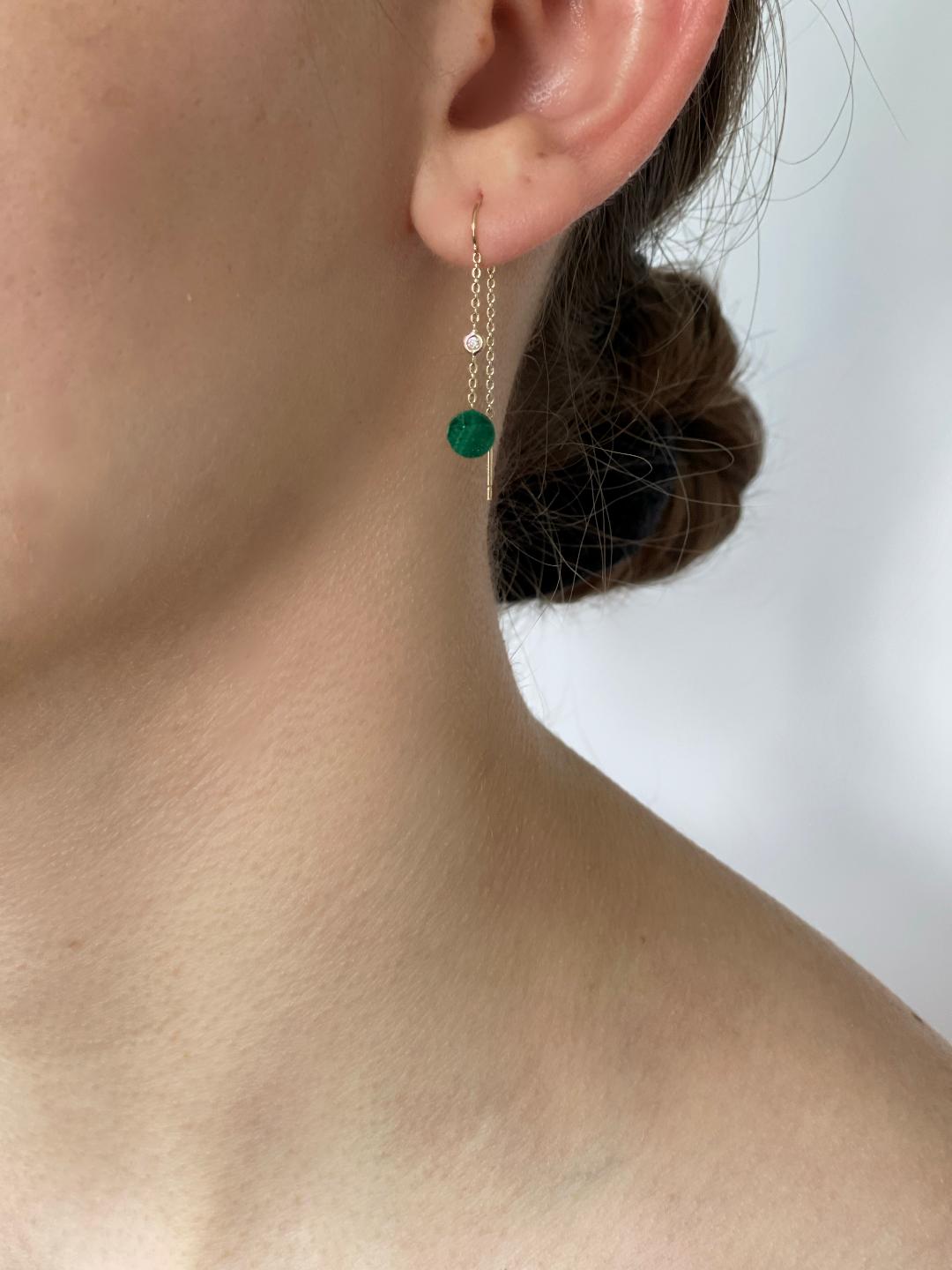 14k Solid Yellow Gold, Diamonds, Green Malachite Thread Earrings