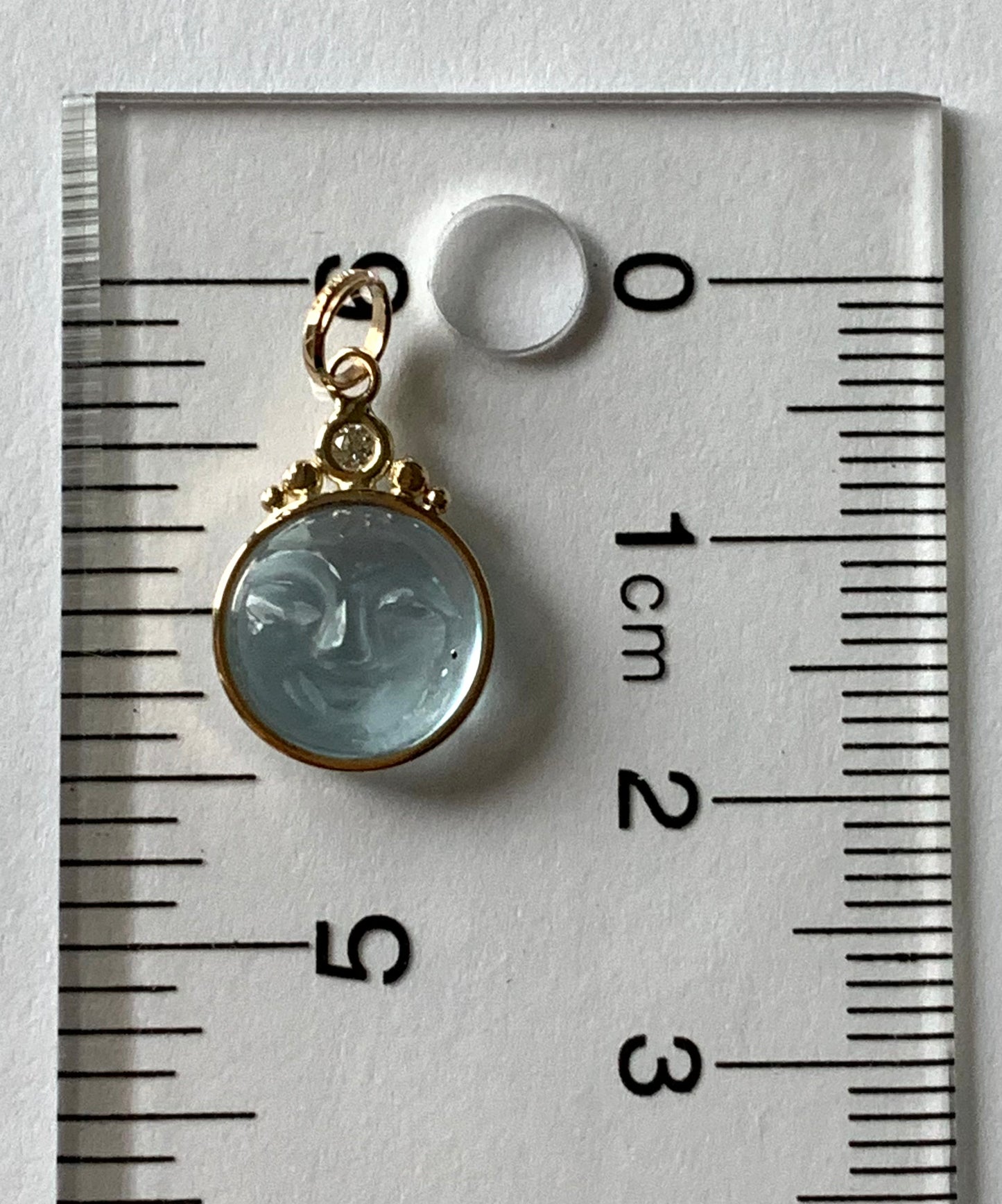 “Tiara Moon”, 14k Solid Yellow Gold, Blue Topaz, White Diamond Pendant, Mini Size