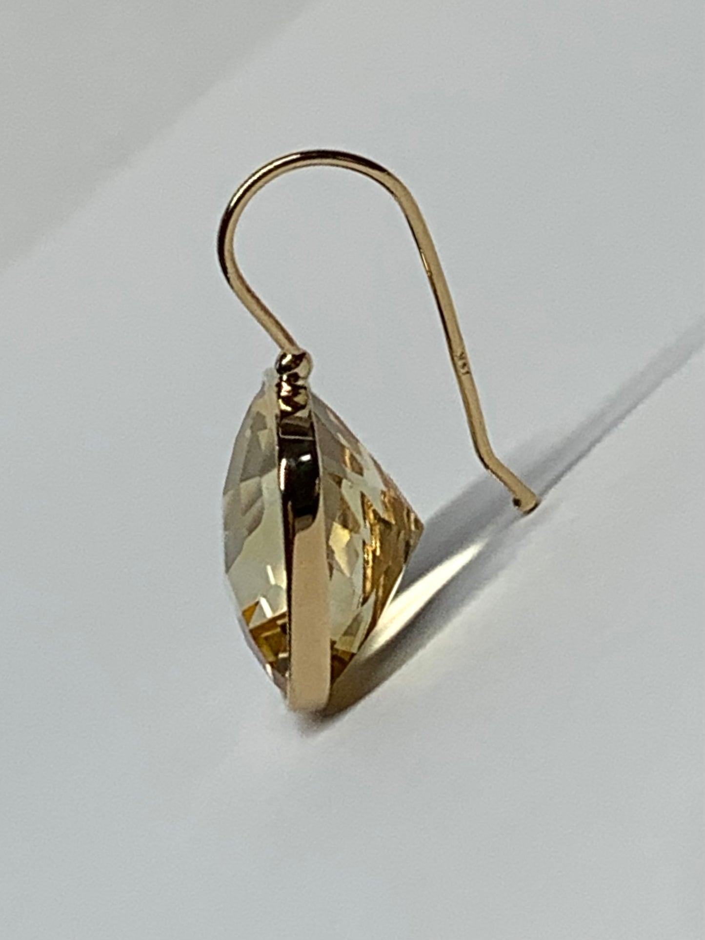 14k Solid Yellow Gold, Citrine Earrings, 12mm Cushion Shaped, Checkerboard Cut, Fish Hook Ear Wire