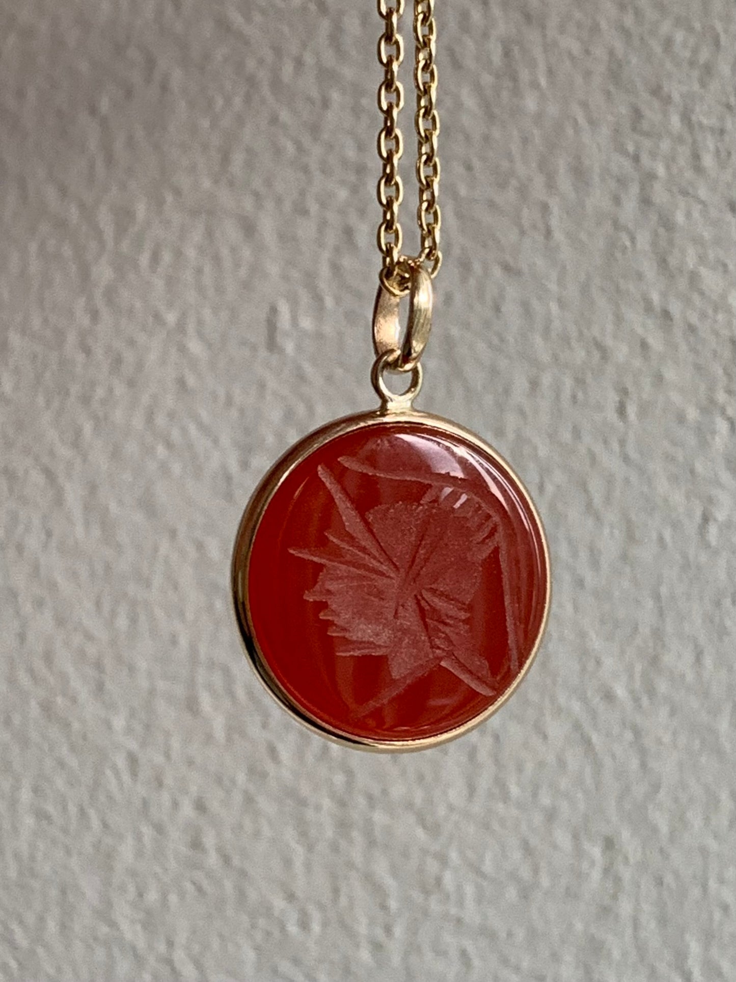 14K Solid Yellow Gold, Red Onyx "Roman Soldier" Intaglio Pendant, Red Carnelian