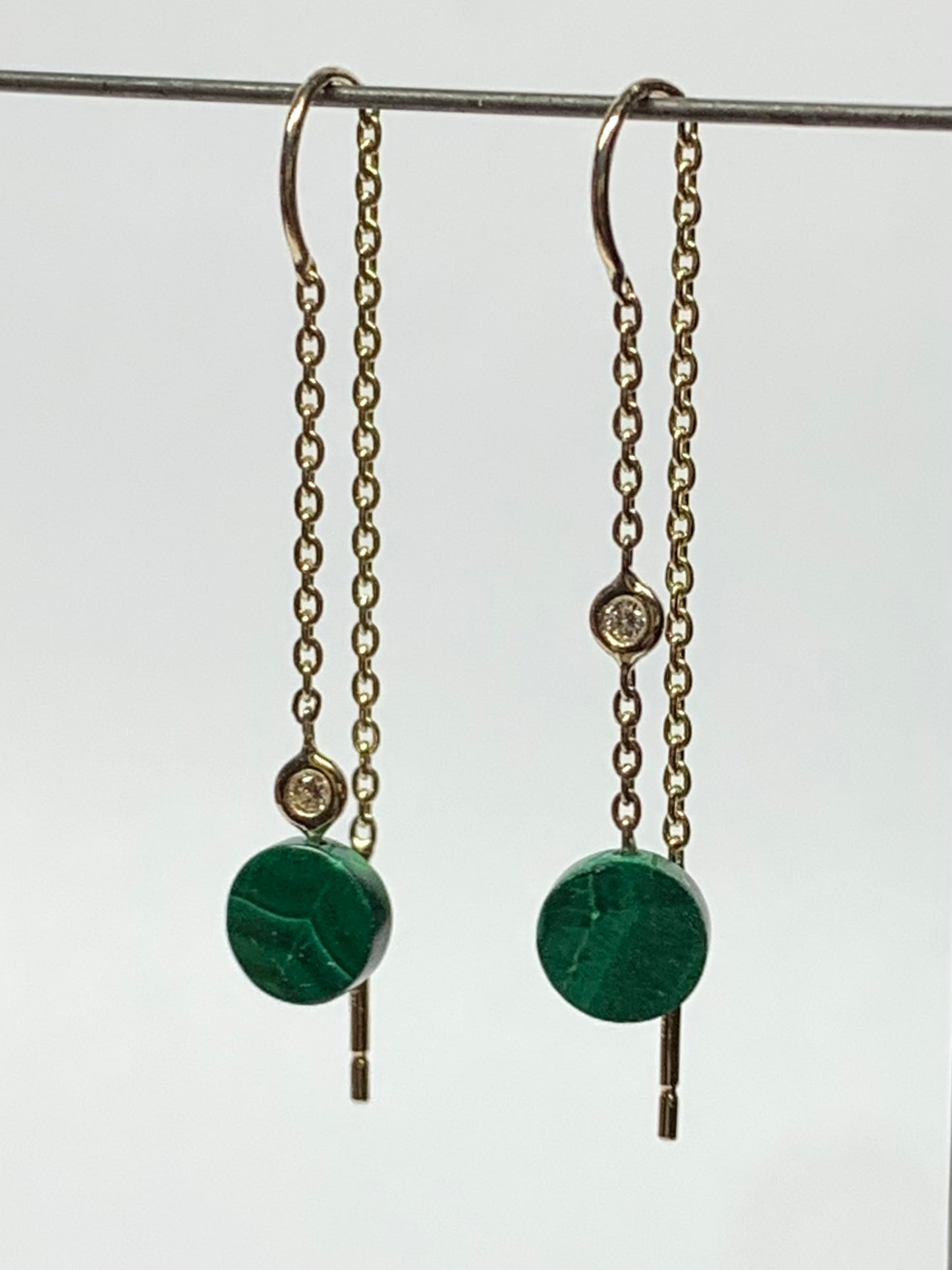 14k Solid Yellow Gold, Diamonds, Green Malachite Thread Earrings