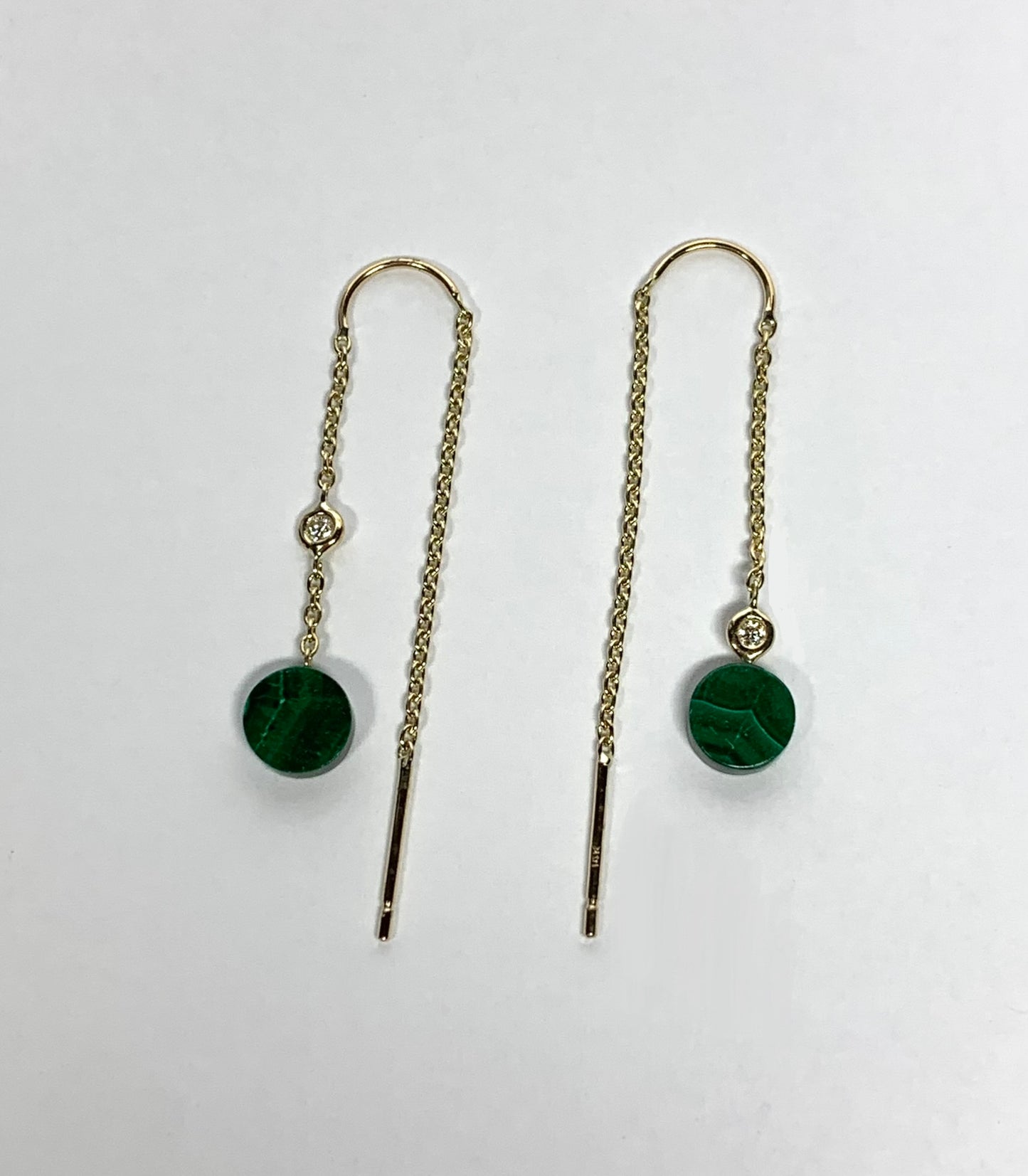 14k Solid Yellow Gold, Diamonds, Green Malachite Thread Earrings