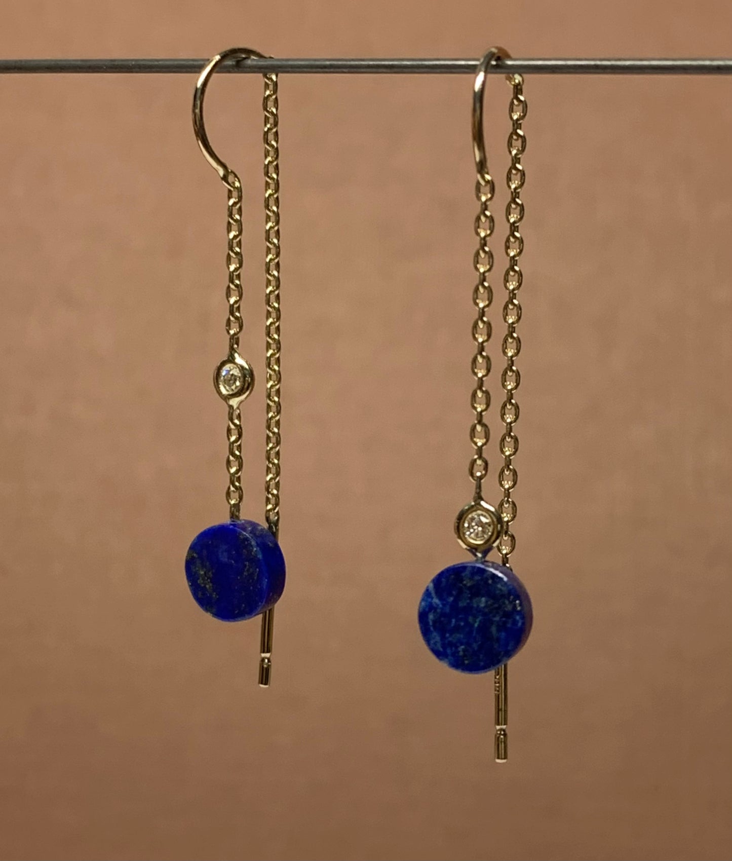 14k Solid Yellow Gold, Diamonds, Blue Lapis Lazuli Threader Earrings