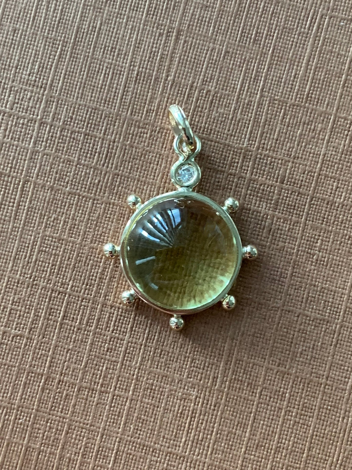 14k Solid Yellow Gold, Lemon Olive Quartz, Diamond “Sun” Pendant, Mini Size