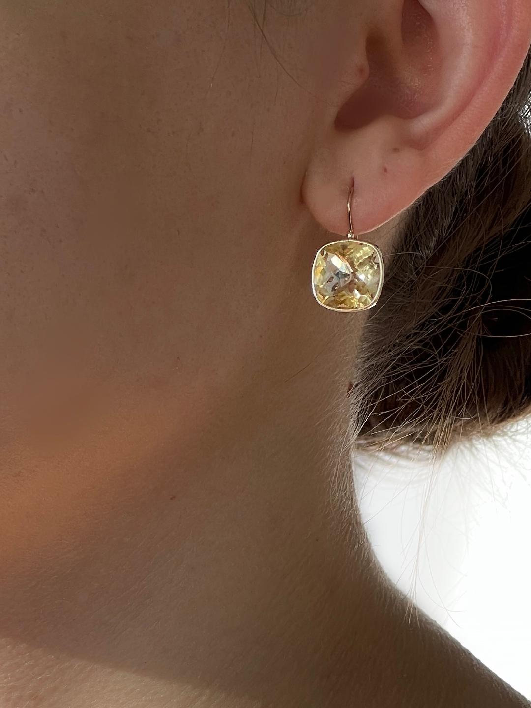 14k Solid Yellow Gold, Citrine Earrings, 12mm Cushion Shaped, Checkerboard Cut, Fish Hook Ear Wire