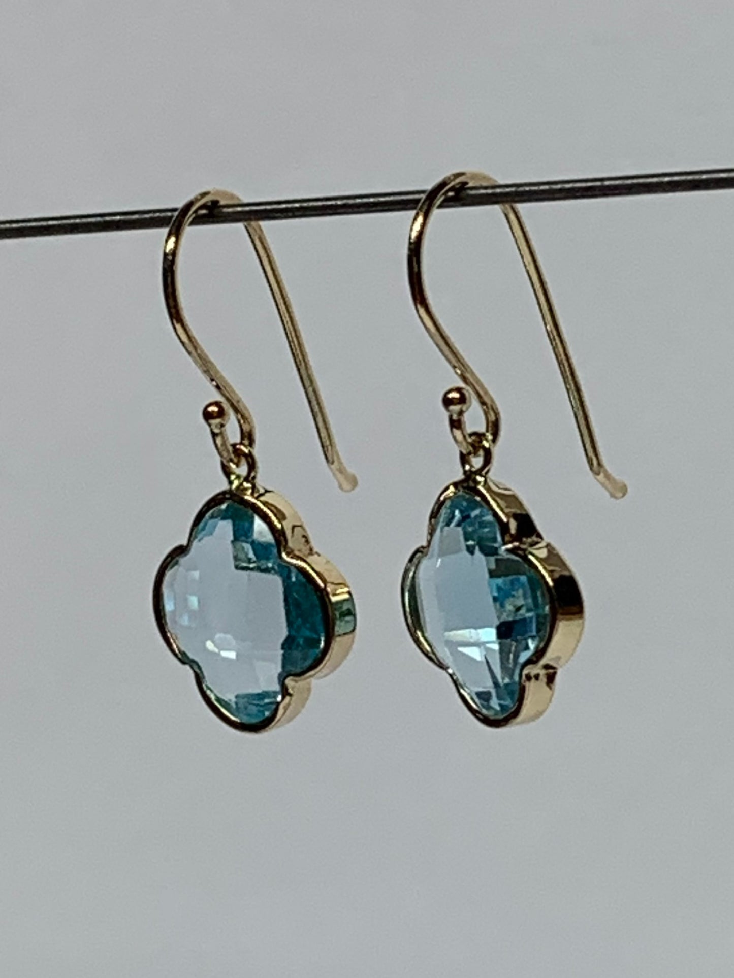 14k Solid Yellow Gold, Blue Topaz “Clover” Mini Earrings, Fish Hook Ear Wires