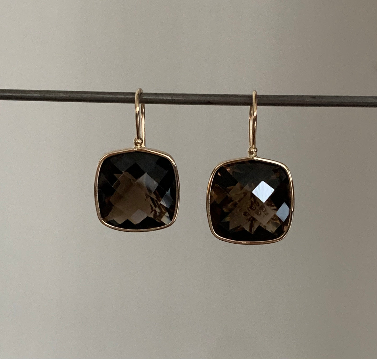 14k Solid Gold Smoky Quartz Earrings, Cushion Shaped, Checkerboard Cut, Fish Hook Ear Wires