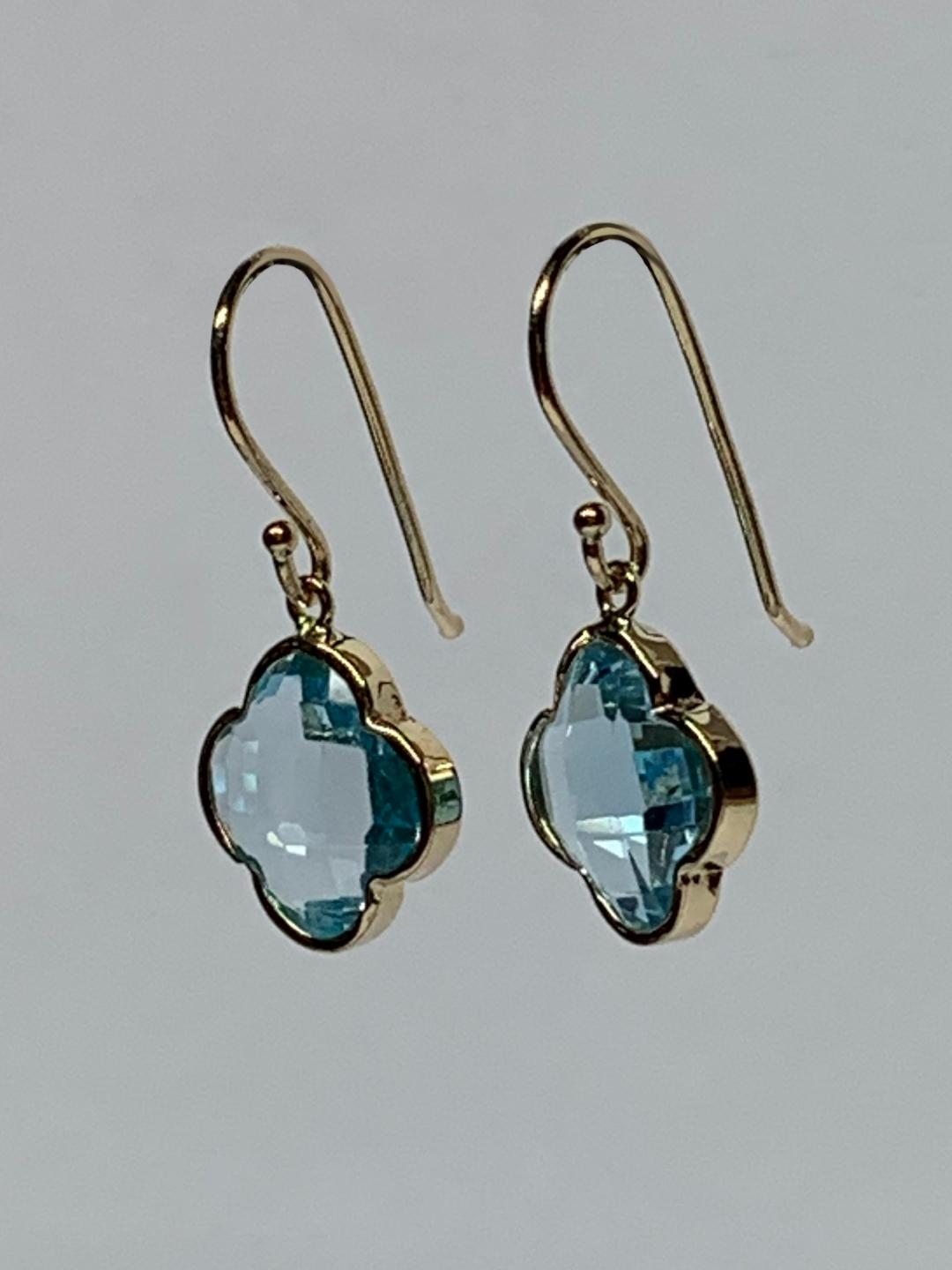 14k Solid Yellow Gold, Blue Topaz “Clover” Mini Earrings, Fish Hook Ear Wires