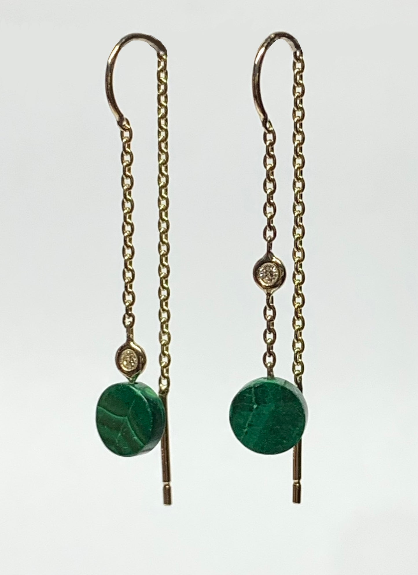 14k Solid Yellow Gold, Diamonds, Green Malachite Thread Earrings