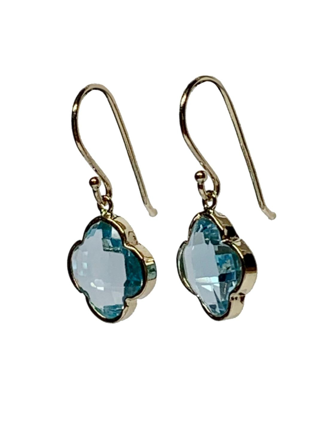 14k Solid Yellow Gold, Blue Topaz “Clover” Mini Earrings, Fish Hook Ear Wires