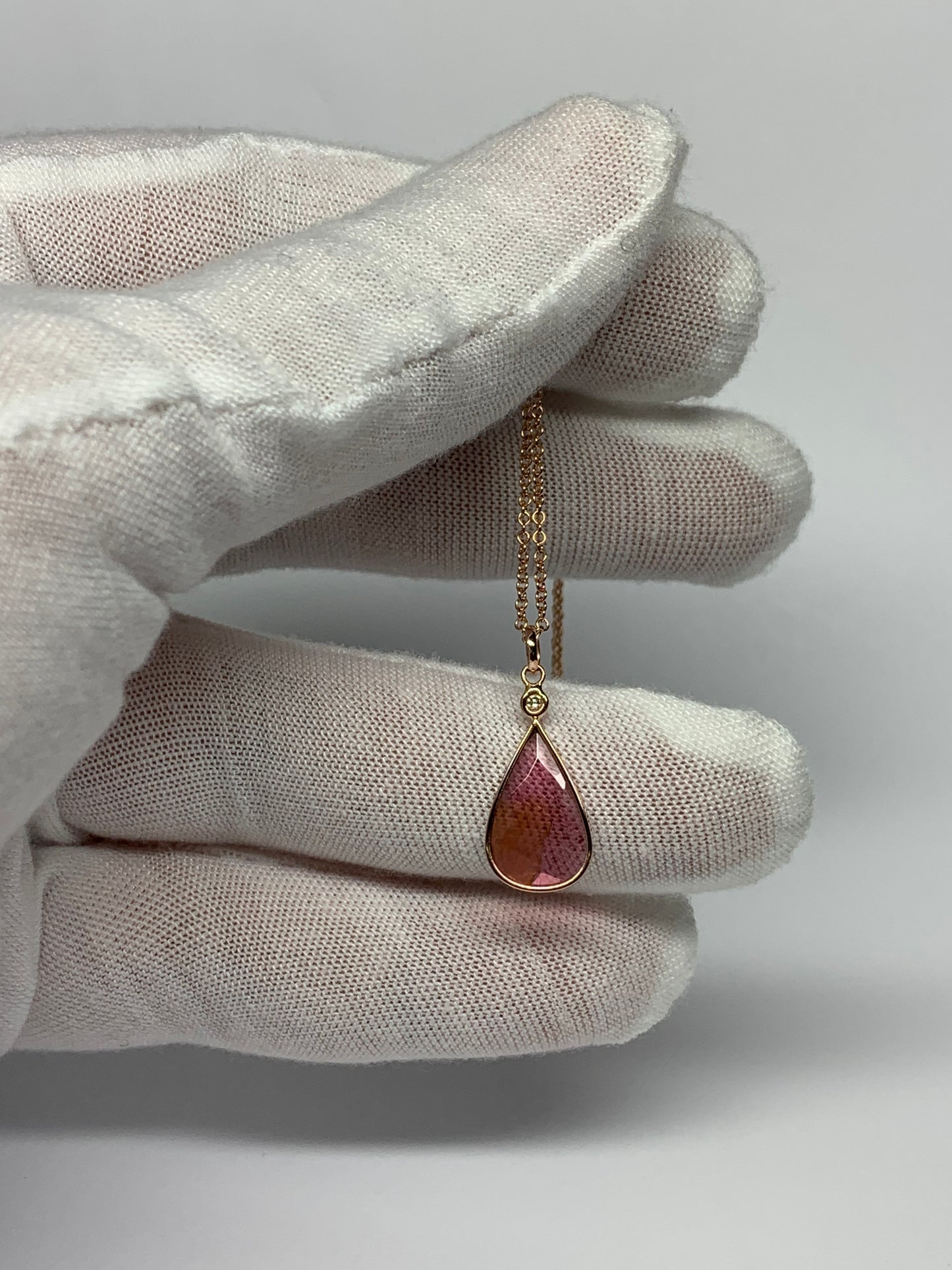 14K Solid Rose Gold, Diamond, Pink Tourmaline Pendant