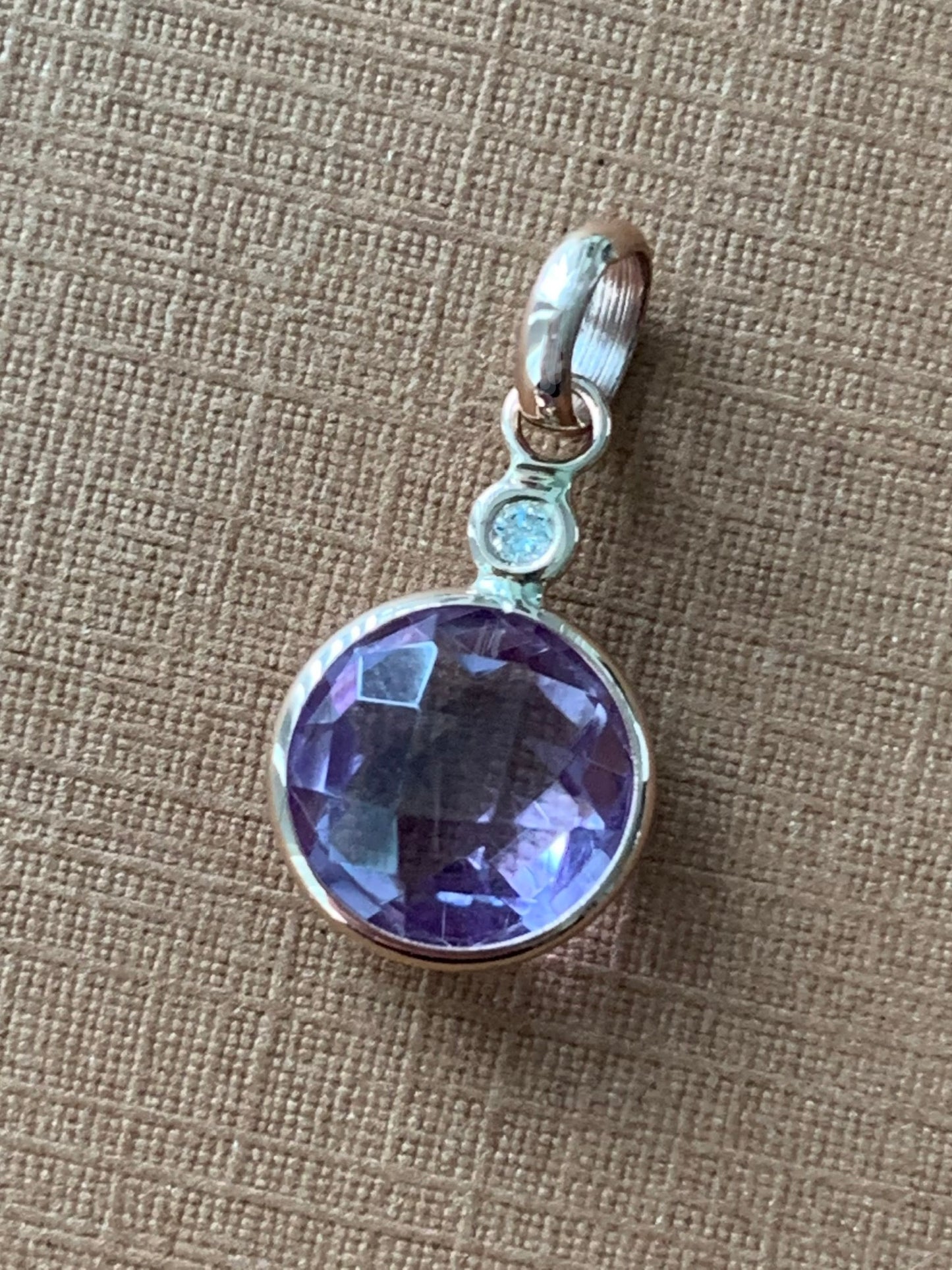 14K Solid Rose Gold, Diamond, Pink Amethyst Mini Pendant