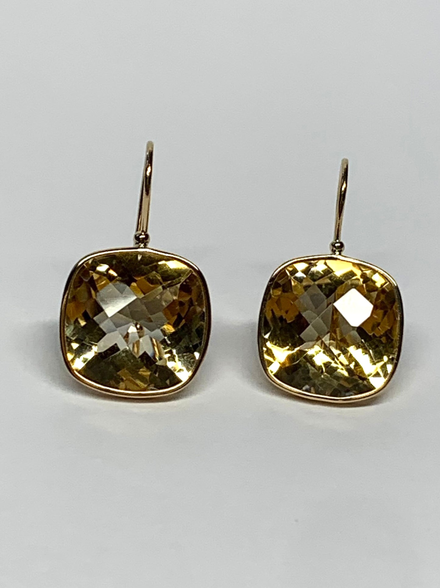 14k Solid Yellow Gold, Citrine Earrings, 12mm Cushion Shaped, Checkerboard Cut, Fish Hook Ear Wire