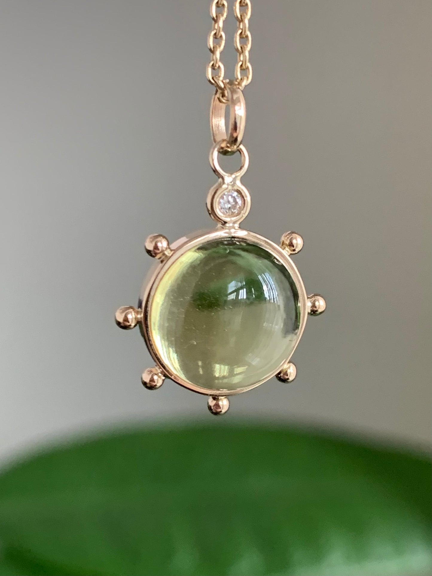 14k Solid Yellow Gold, Lemon Olive Quartz, Diamond “Sun” Pendant, Mini Size