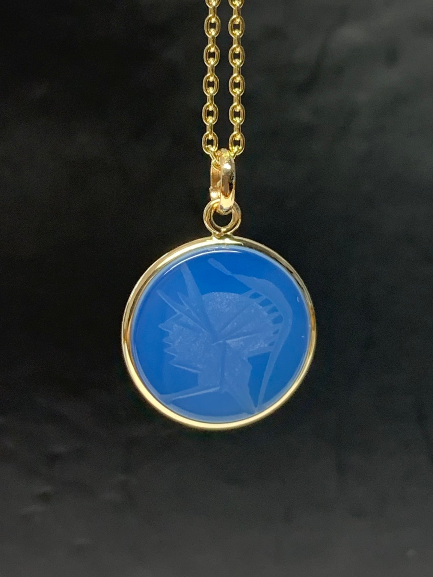 14K Solid Yellow Gold, Blue Onyx "Roman Soldier" Intaglio Pendant