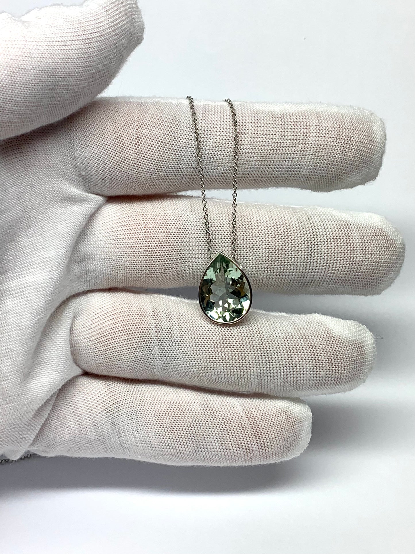 14k Solid White Gold, Green Amethyst Slider Pendant, Pear Shaped